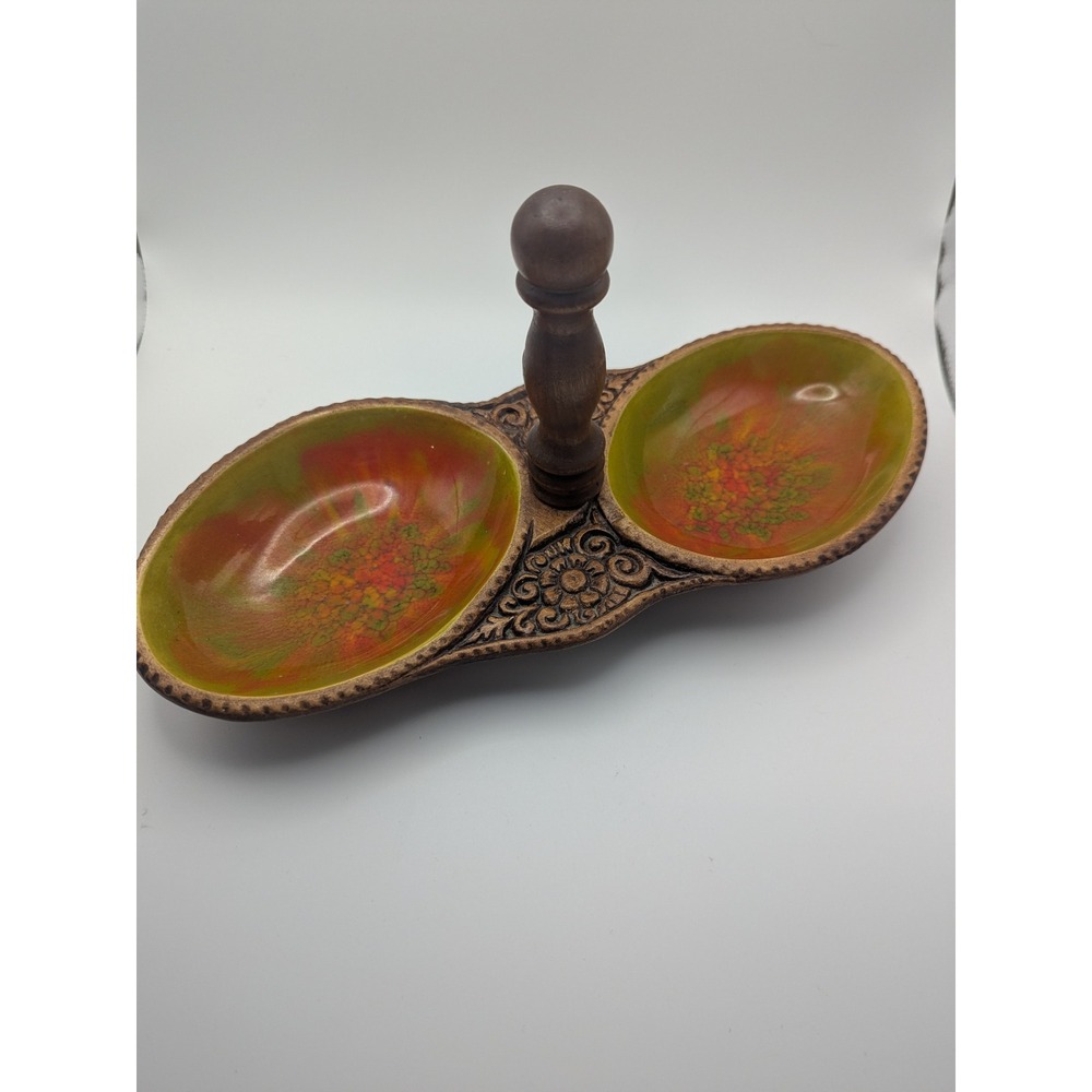 CA Pottery USA Vintage Ceramic Double Bowl Server with Handle Green‎ Orange